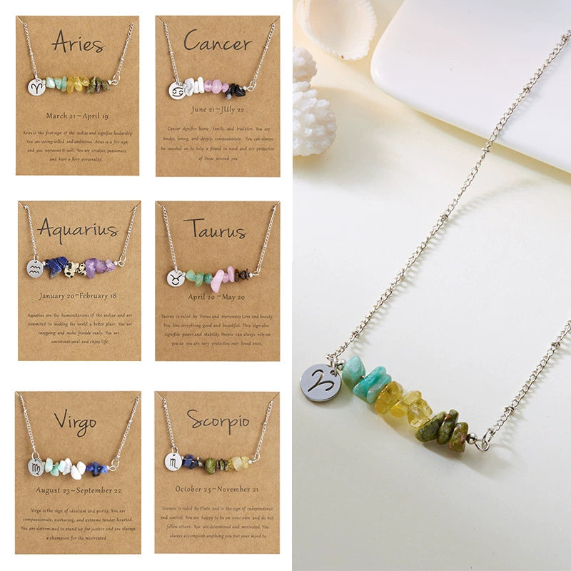Zodiac 12 Constellation Necklace Irregular Natural Stone Gravel Pendant Horoscope Sign Astrology