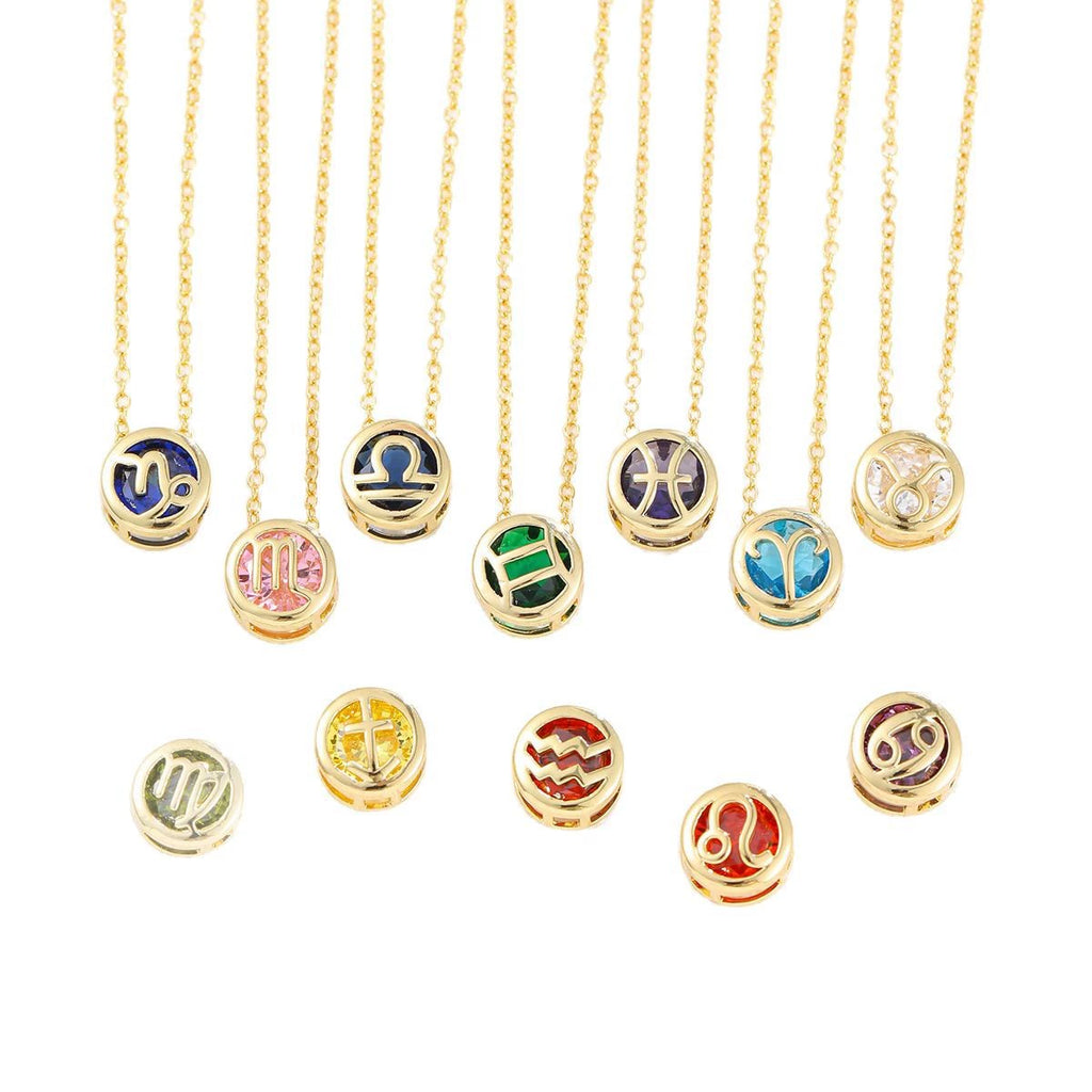 Gold Zodiac Zircon double-sided Birthstone Pendant 18k Gold Plated 12 Constellation Chain Necklace colored gemstone Jewelry Birthday Gift for Women