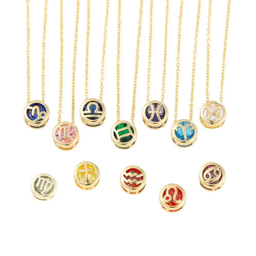 Gold Zodiac Zircon double-sided Birthstone Pendant 18k Gold Plated 12 Constellation Chain Necklace colored gemstone Jewelry Birthday Gift for Women